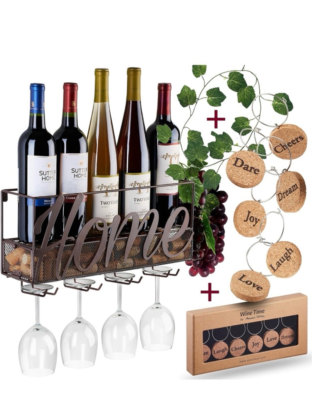 Home Metal Wine Rack with Hanging Glass Holders and Cork Tags - dark brown